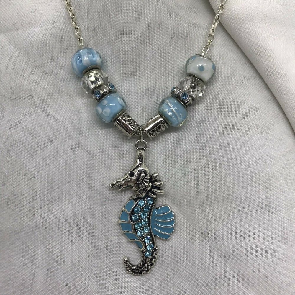 Silver tone Seahorse with blue rhinestones and enamel chain necklace with beads